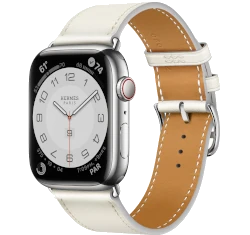 Apple Watch Series 7 Hermes 45mm Silver Stainless Steel Case with Leather Single Tour A2477 GPS Cellular